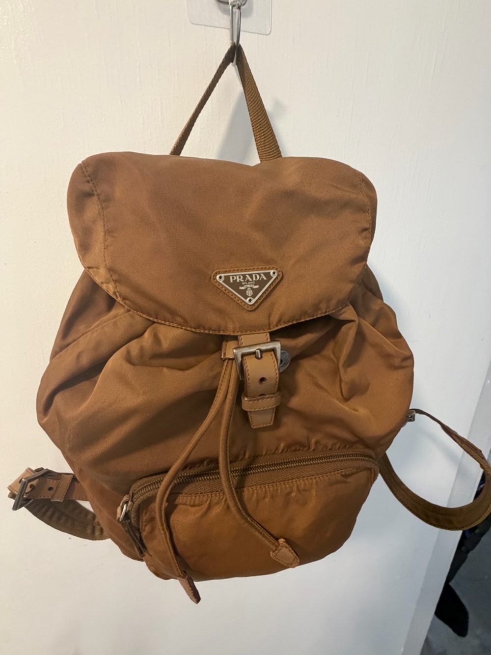 Authentic Prada Tessuto Nylon Backpack in Warm Brown,Leather Trim, barely used!